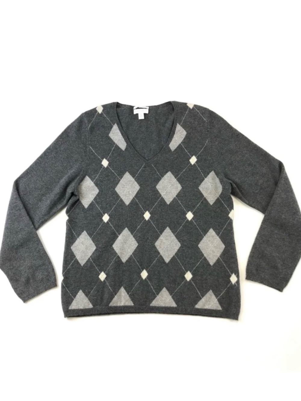 Charter Club charcoal grey argyle Vneck two-ply cashmere womens sweater Large - Picture 9 of 10